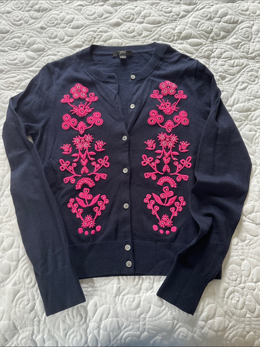 J. Crew Navy Cardigan with Bright Pink Embroidery